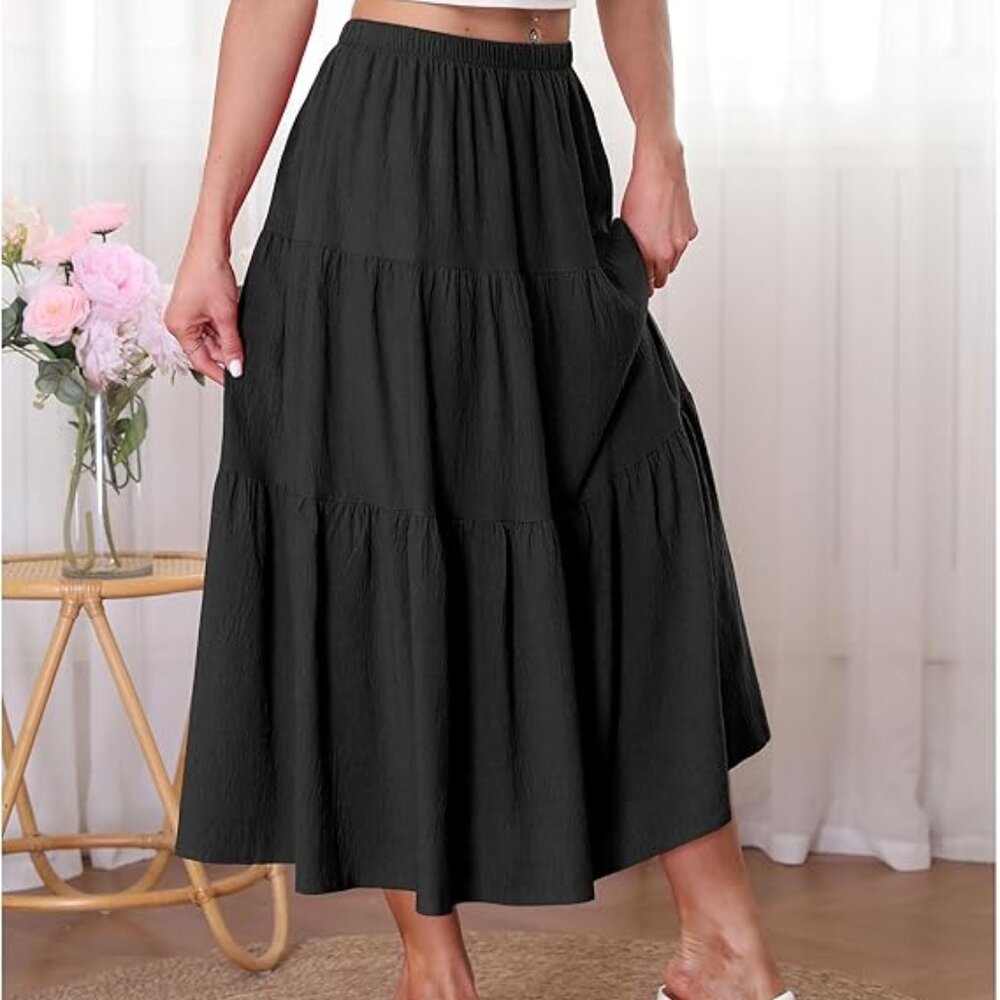 Women's Boho Midi Skirt A-Line Ruffle Elastic High Waist Tiered Flowy Skirts-BLK